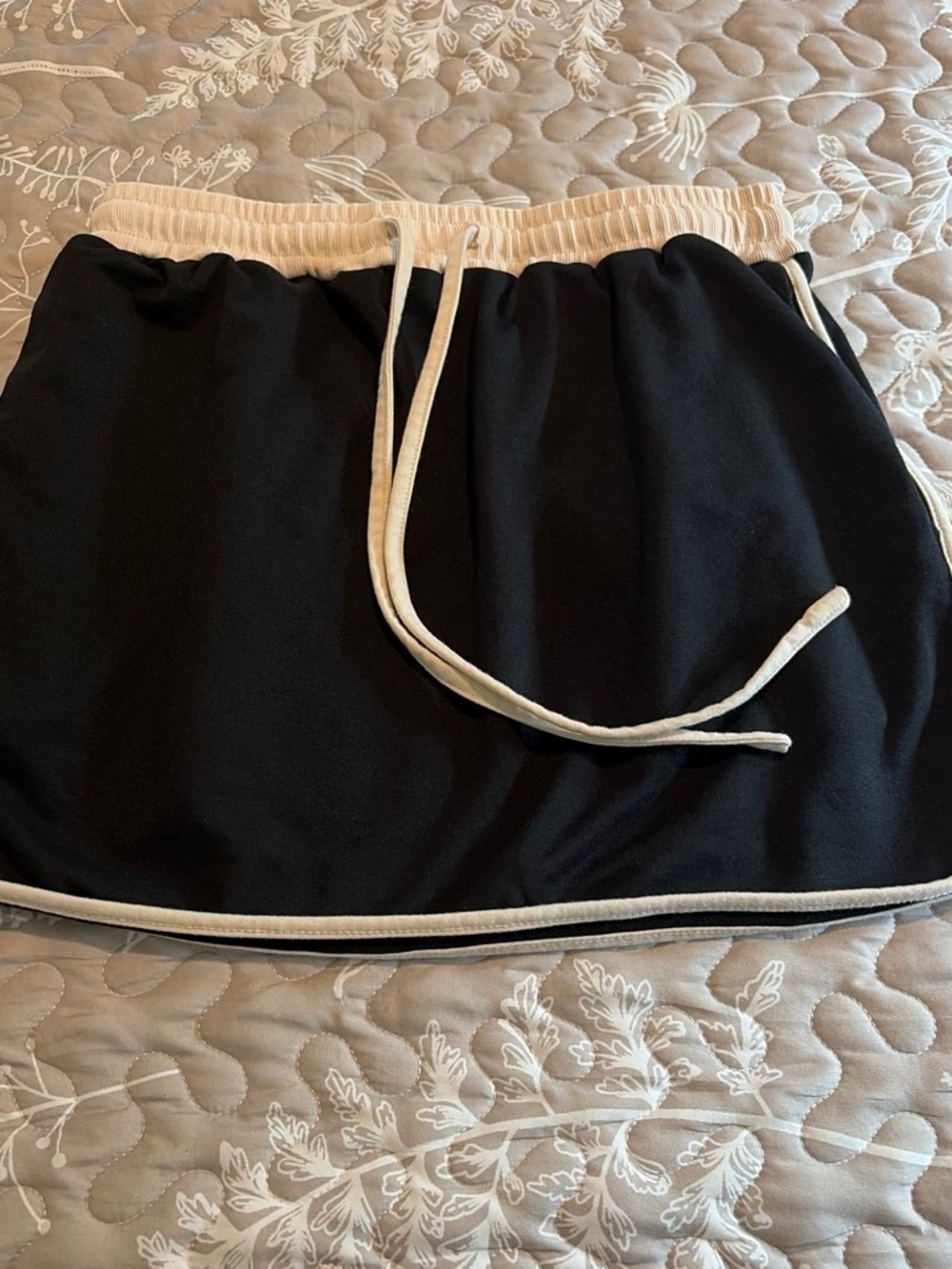 Black Mini Skirt with Cream Trim and Drawstring Waist